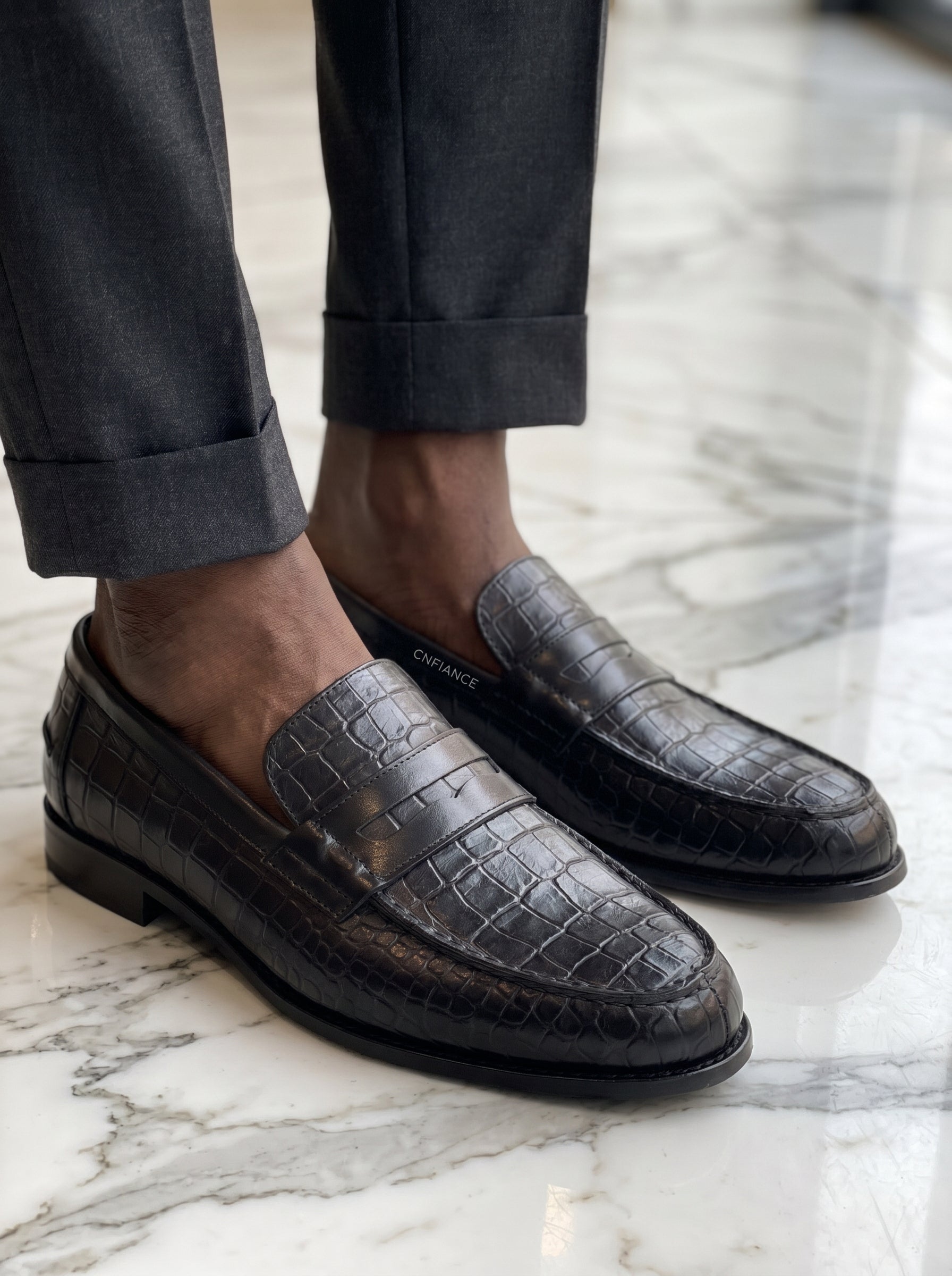 Mocassin Noir Croco - Leader