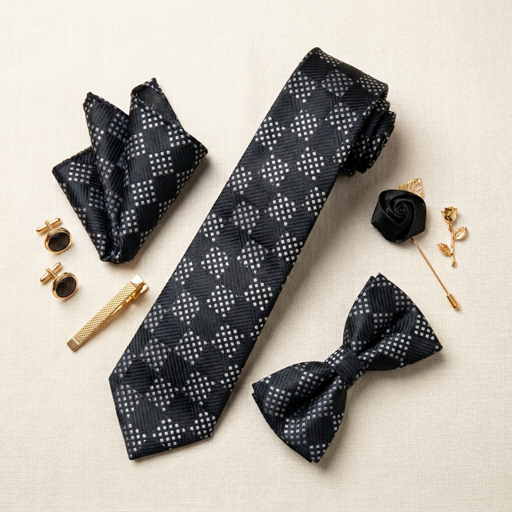 Ensemble Cravate Noir Damier Argent