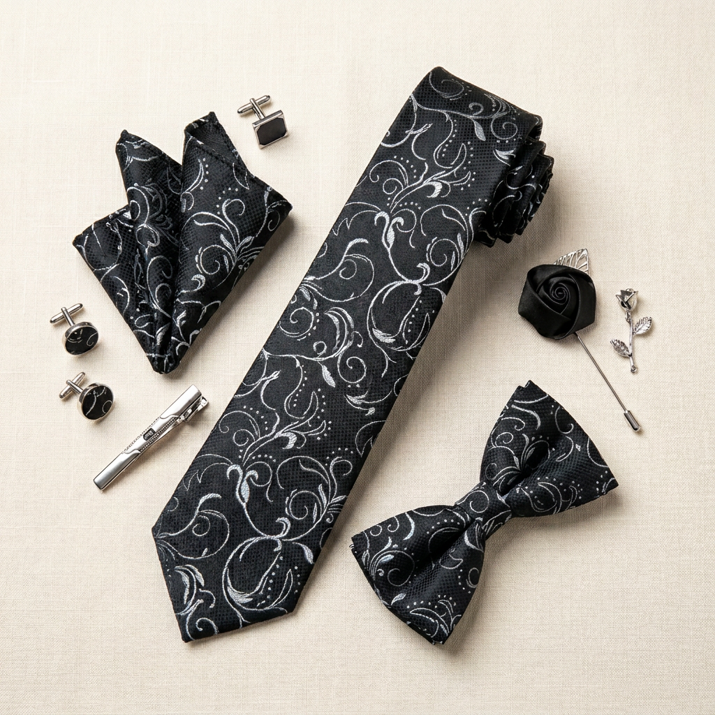 Ensemble Cravate Noir Baroque Argent